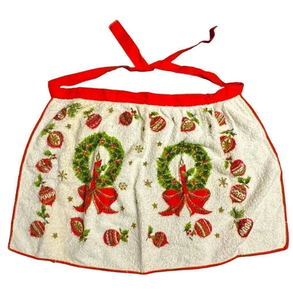 Vintage Mid Century Hostess Apron - Holiday Wreath design terry cloth